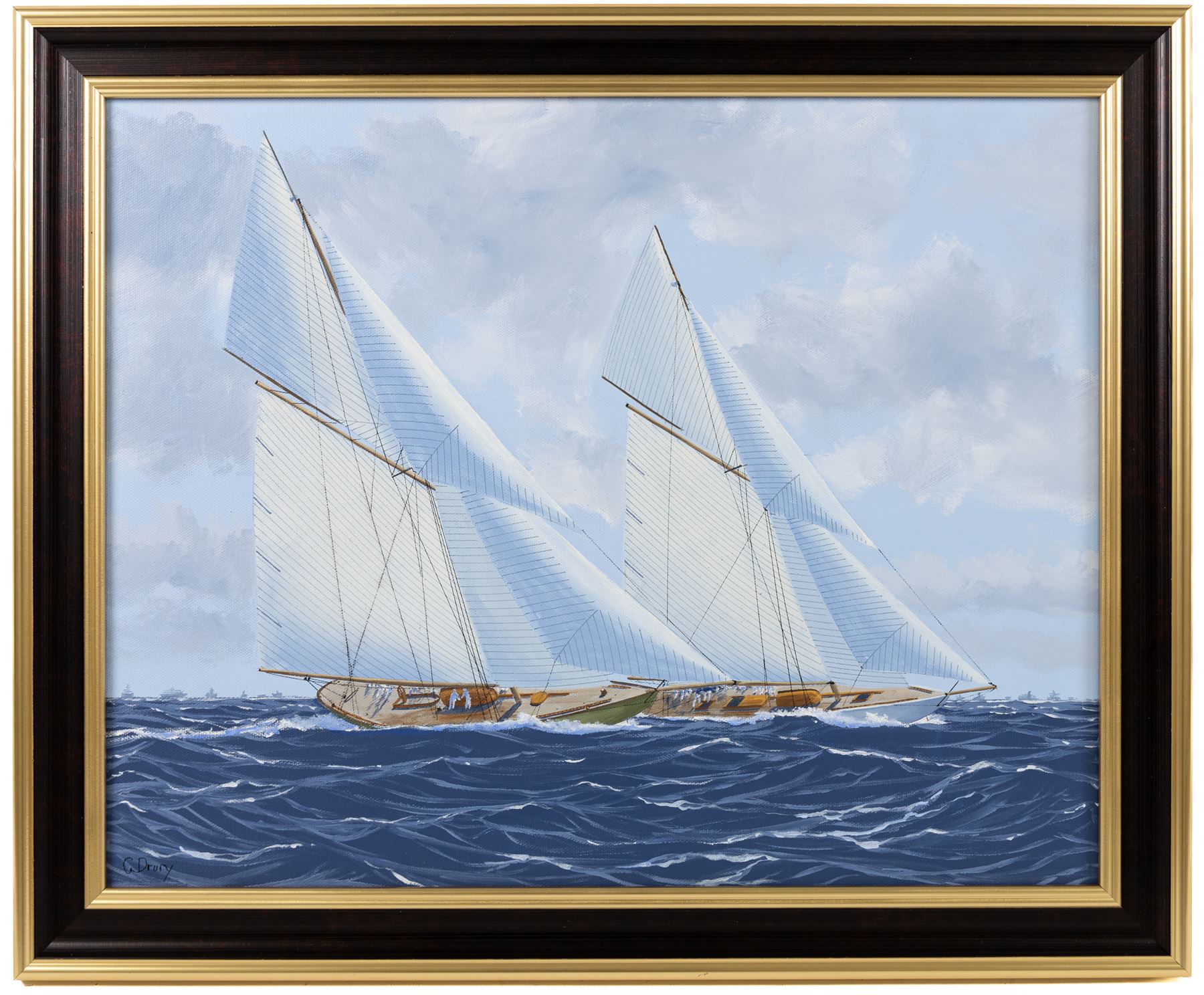 George Drury (British 1950-): 'Shamrock IV and Resolute - Americas Cup 1914', oil on canvas board 38.5cm x 48.5cm