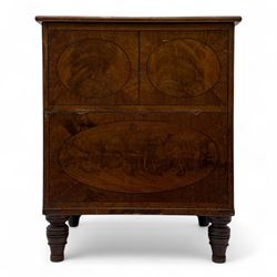 Regency mahogany night commode, the lift top with twin figured oval inlays revealing ceram...