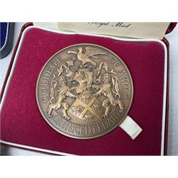 Commemorative coins and medallions, including hallmarked silver poultry medal, Royal Mint 'College of Arms Quincentenary Commemorative Medal', Selby Abbey '1069 1969' medallion, two medallions commemorating the Investiture of H.R.H. Prince Charles 1st July 1969 and a set of four coins commemorating the Investiture of Prince Charles, all cased 