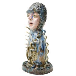 Galea Belinscaia (Yorkshire Contemporary): 'The Mermaid', two faced blue and green glazed figurative sculpture, H42cm 
Notes: Awarded second prize in the 2019 Bradford Open exhibition and Art Competition judged by John Loker and Caroline Douglas. The sculpture was complimented for its tremendous presence, with the judges noting that Belinscaia's work is 'witty, inventive and wonderfully dynamic.'