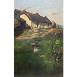 Attrib. Tom Scott (Scottish 1859-1927): Thatched Cottages by a Stream, oil on canvas signed 'T Scott' 59cm x 39cm