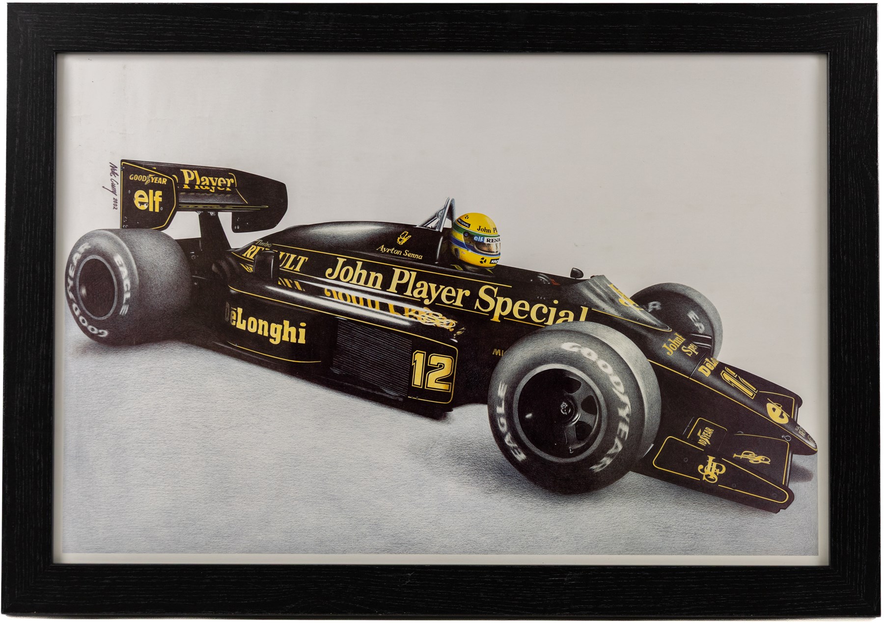 Four Formula 1 racing prints by Nik Curry, all within black frames, largest H38cm, W58cm
