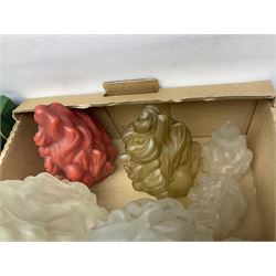 Five frosted glass Flambe lamp shades, together with three similar smaller examples and two coloured examples, and a quantity of other glass lampshades