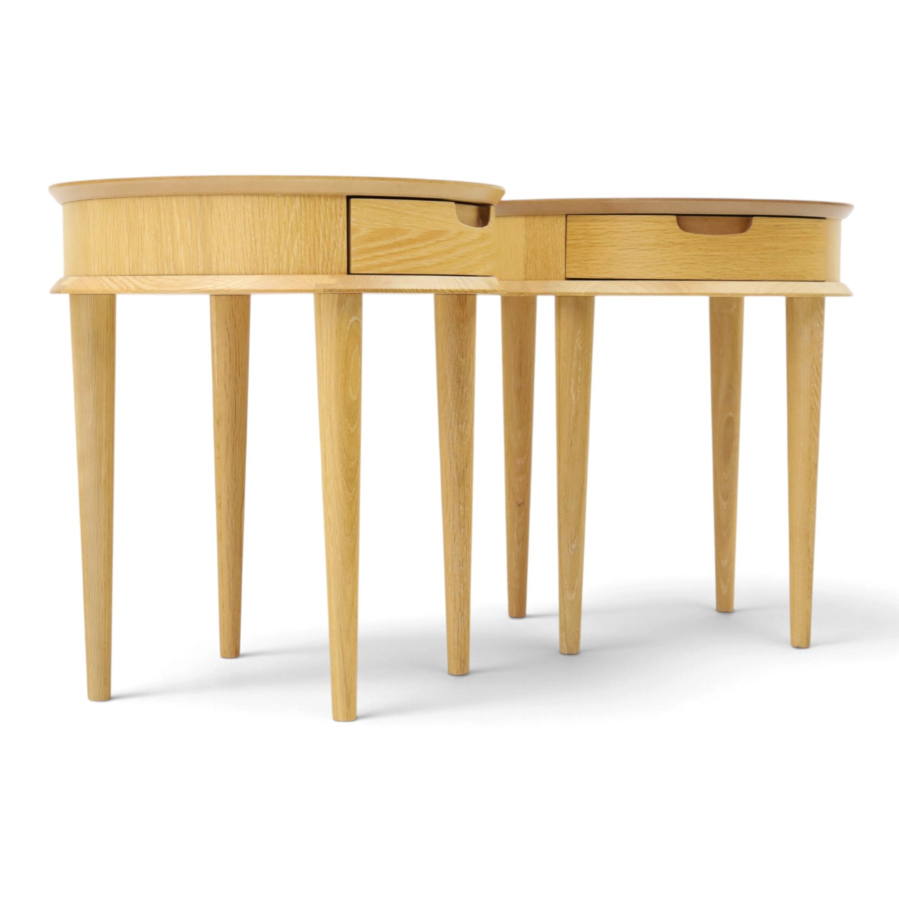 Bentley Designs - Pair of 'Dansk' light oak circular bedside or lamp tables, one drawer with recessed handle, tapering circular supports