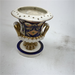 Three Bloor Derby Imari pattern twin handle urms, two examples with covers, each with mark beneath, H12cm, (all a/f), together with a pair of late 19th century Royal Crown Derby Imari pattern urns and covers, each with mark beneath, H13cm, (one significantly a/f). 