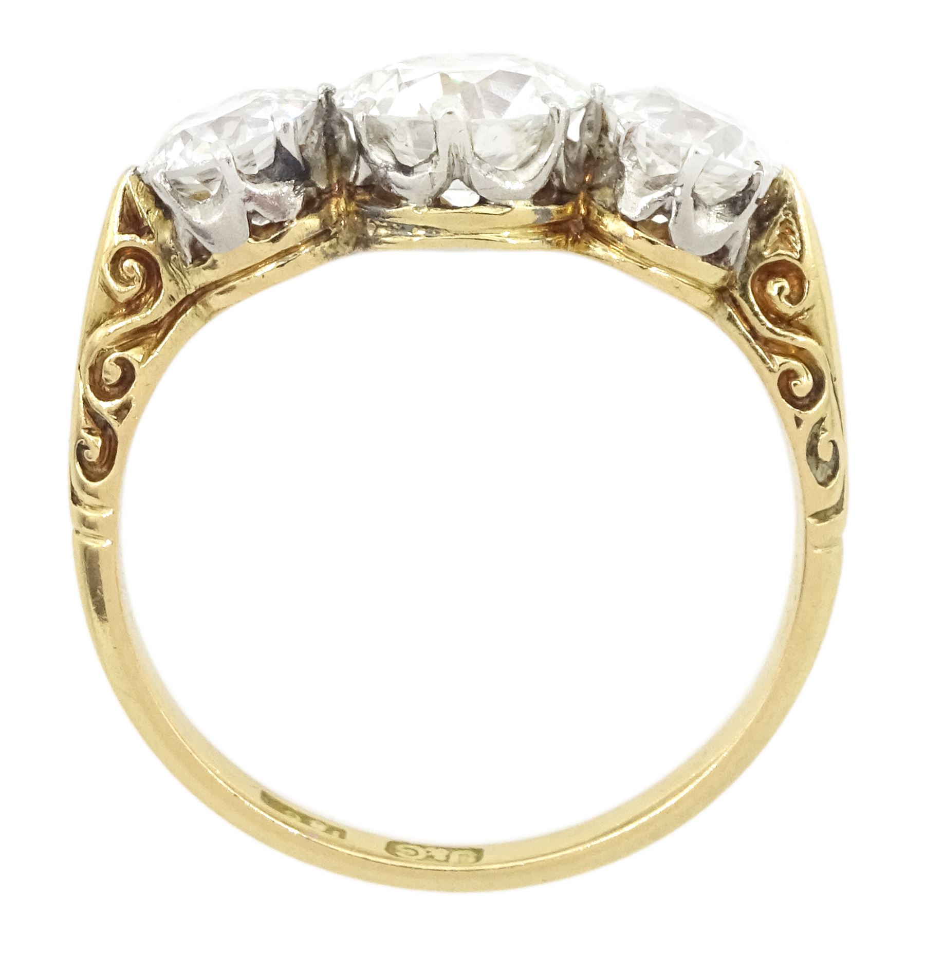 Early 20th century gold three stone old cut diamond ring, stamped 18ct, principal diamond approx 1.15 carat, total diamond weight approx 2.20 carat