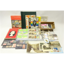  Collection of stamps, cigarette cards and ephemera including W.A. & A.C. Churchman cigarette cards, other cigarette cards in packets and in album sleeves, maps, empty 'Tower Stamp Album', stamp reference books, small quantity of Great British stamps on stock cards etc  