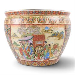 20th century Chinese fish bowl, decorated to exterior with figures surrounded by floral panels the  interior decorated with fish, together with a similar smaller example, largest H32cm