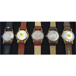 Six plated and stainless steel automatic wristwatches including MuDu, Geneva, Avia and Curtiss, all on leather straps