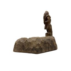Gnomeman - tooled oak ashtray, hexagonal form with carved standing gnome signature, by Thomas Whittaker of Littlebeck, W12cm