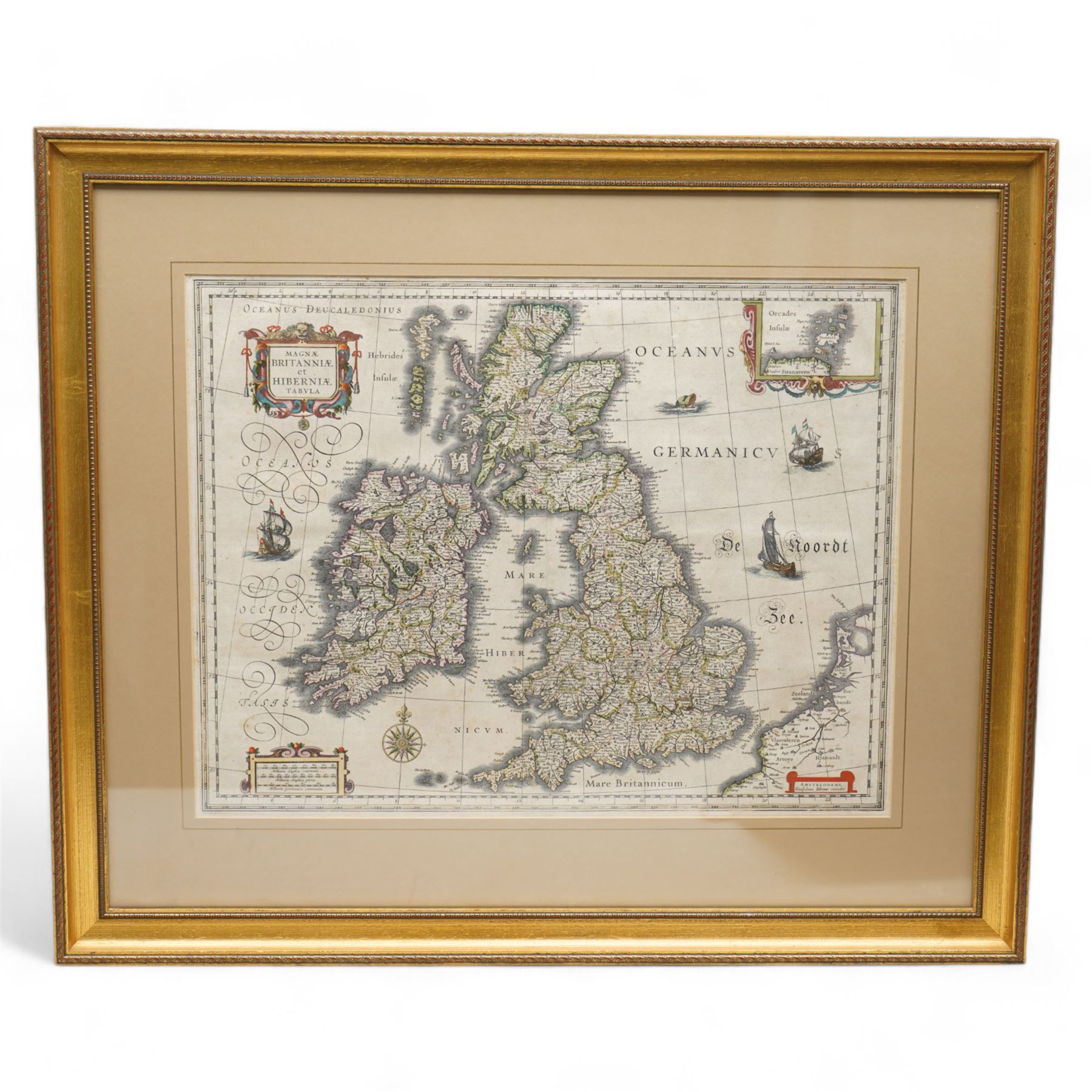 Willem Janszoon Blaeu (Dutch 1571-1638): 'Magnae Britanniae et Hiberniae Tabula', 17th century engraved map of the British Isles with hand-colouring pub. c.1640, 40cm x 51cm