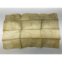 Three 17th/18th century manuscript deeds on vellum relating to properties in Bowling Alley Lane, Hull - one dated 16/12/1689 with seal 44 x 65cm; mortgage dated 20/2/1711 56 x 74cm; and assignment of mortgage dated 5/5/1727 with seal; all folded (3)