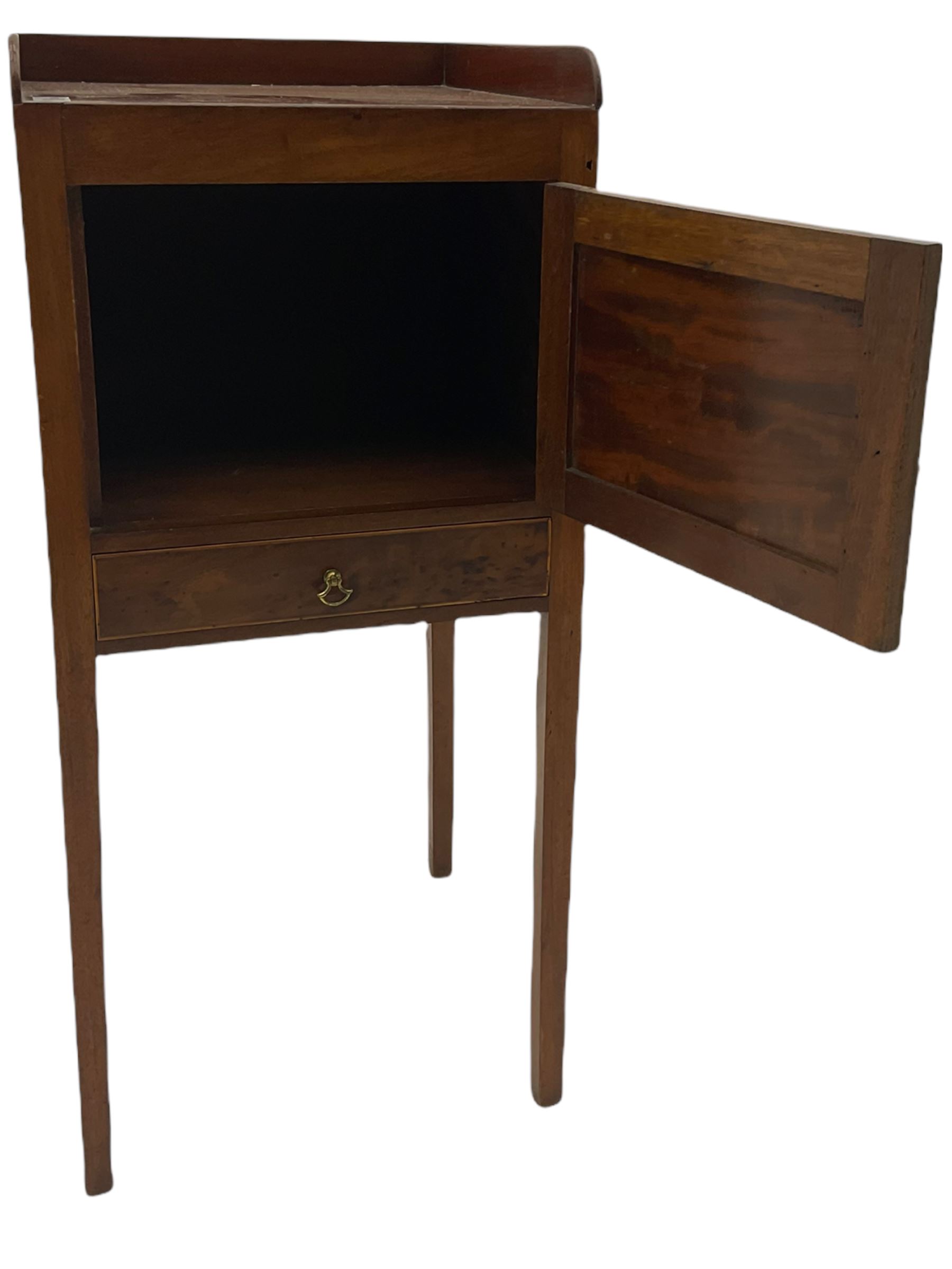 Early 19th century mahogany bedside pot cupboard, raised gallery back, enclosed by single door with band above single drawer, square supports