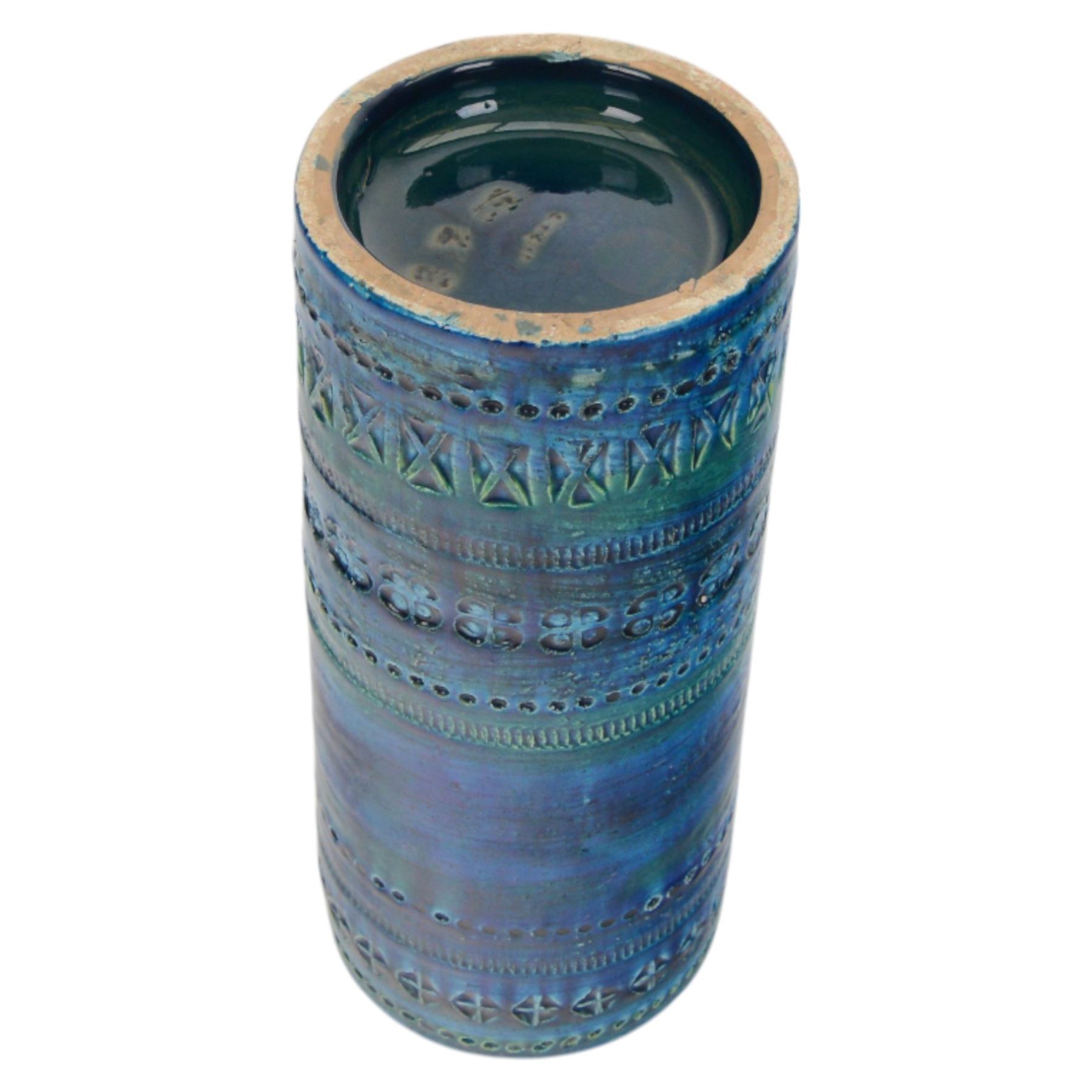Bitossi pottery Rimini Blu vase, 1970s, designed by Aldo Londi, of cylindrical form, with impressed details, with painted marks beneath, H18cm