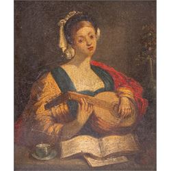 Spanish School (18th century): Young Lady Playing a Lute, oil on canvas unsigned 15cm x 13cm