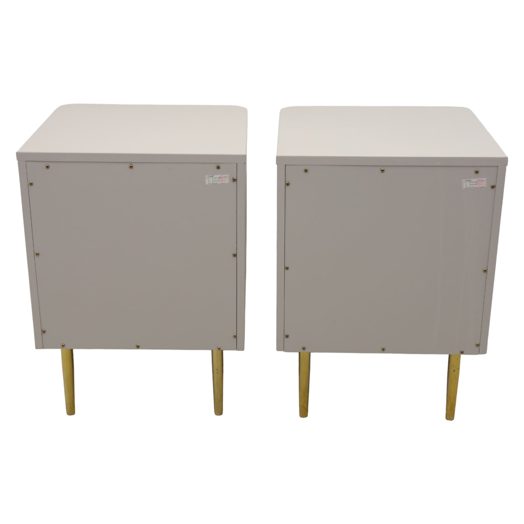 Made.com - 'Ebro' pair of grey bedside chests, gold painted metal shaped handles, rounded corners with fluted detail, raised on gold painted metal tapered supports