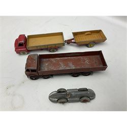 Dinky - sixteen unboxed and playworn die-cast models including Foden lorry, Big Bedford lorry with Halesowen Farm Trailer, Thunderbolt land speed record car, Spirit of the Wind racing car, market garden truck, Bedford tipper, station wagon, tanker, motorcycle combination etc; two Corgi models; and five Matchbox/Lesney models (23)