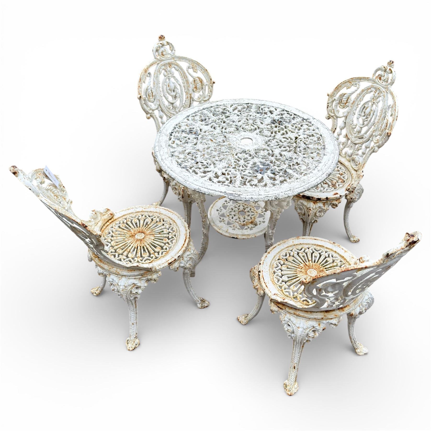 Victorian cast iron white painted garden chairs and table with aluminium top