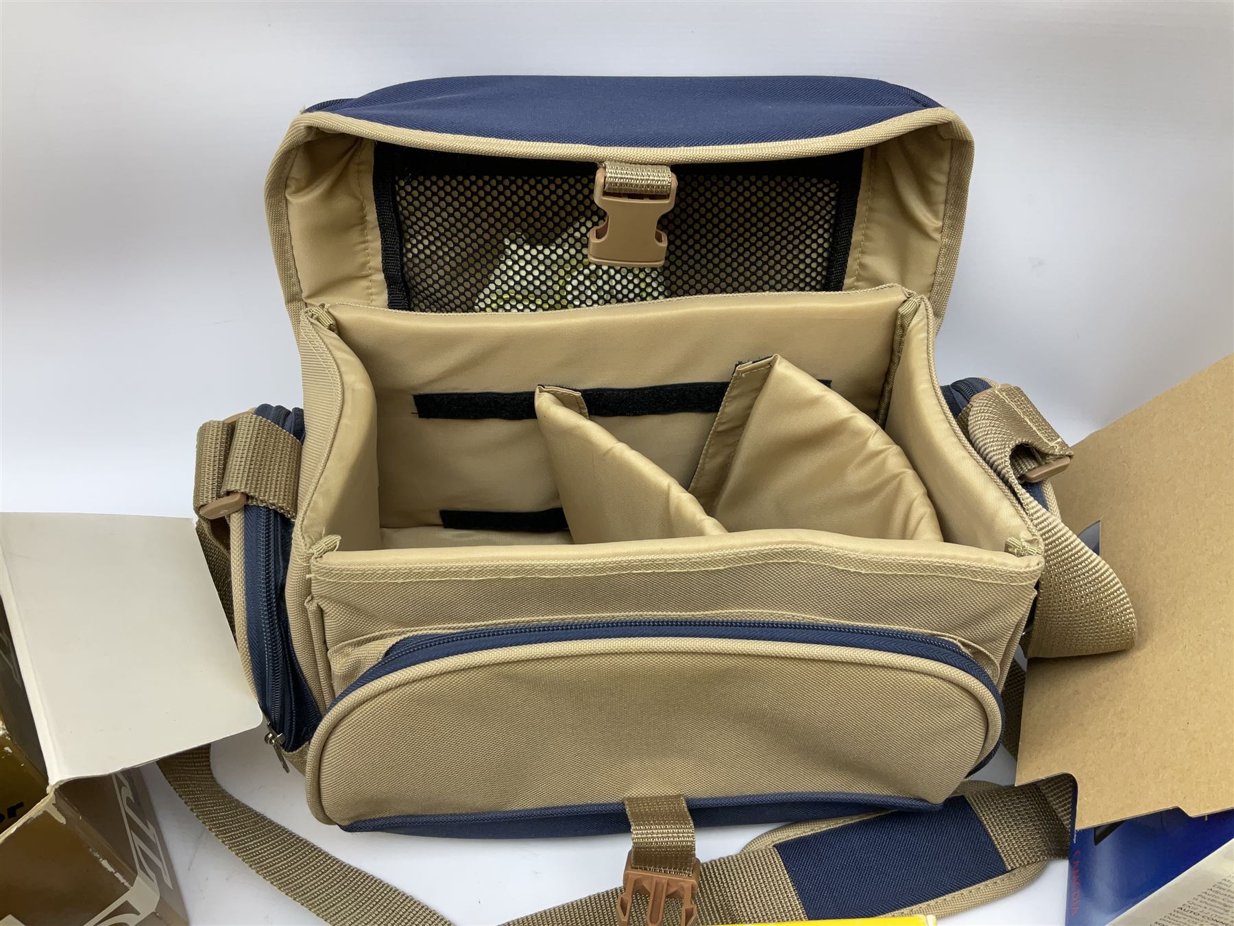 Cameras and accessories including Nikon Nikkormat camera with ‘Nikkor-H 1:2 f=50mm’ lens, Olympus C-8080 wide zoom digital camera, soft case camera bag etc, all untested, in one box