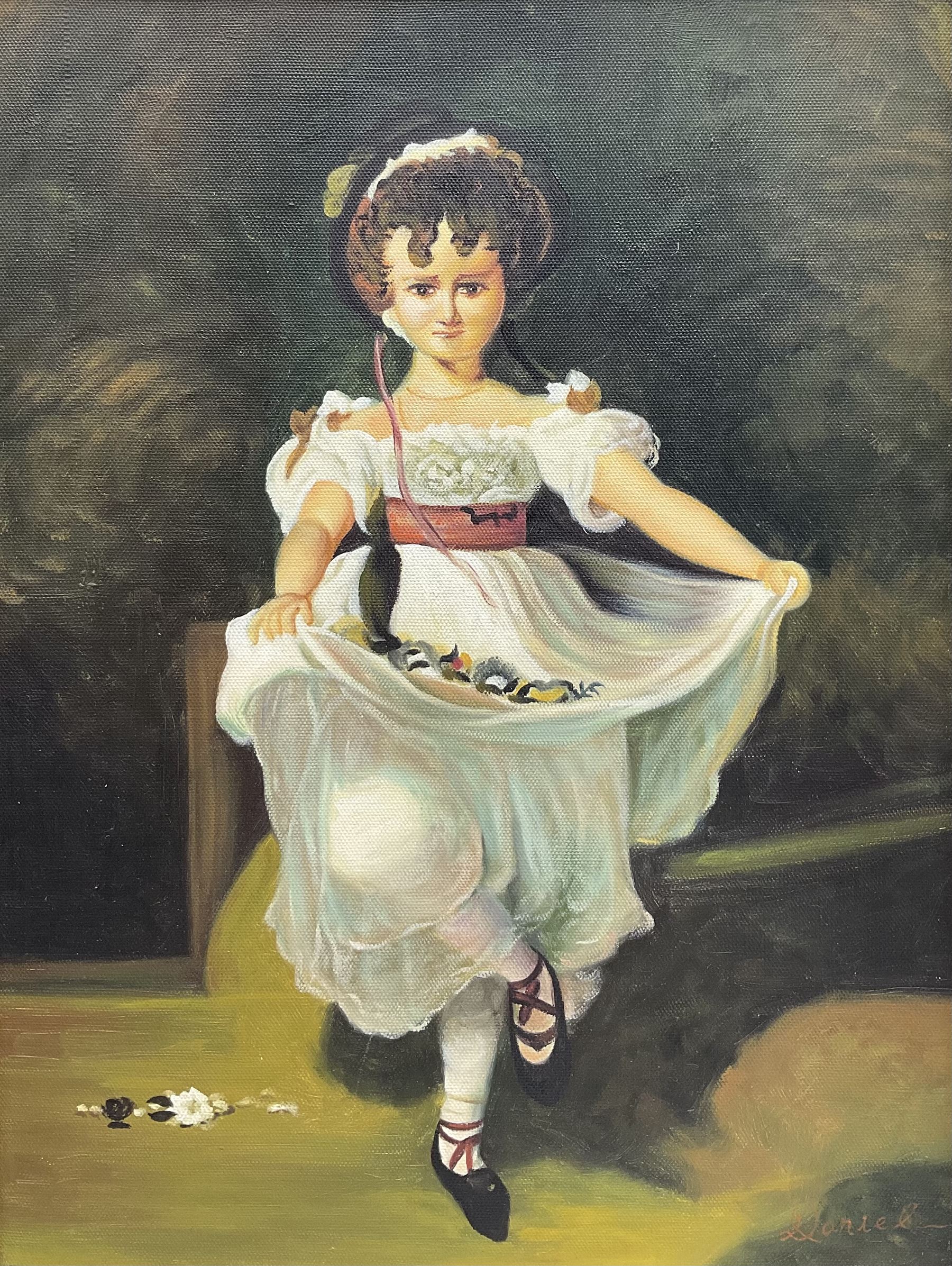 After Edgar Degas (French 1834-1917): Little Girl Carrying Flowers, oil on canvas reproduction signed 'Daniel' 39cm x 29cm