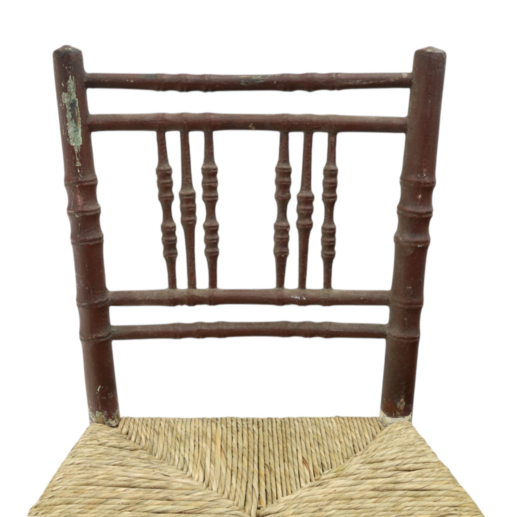Pair of 19th century lacquered faux bamboo rush seated side chairs chairs, original blue paint under later ox-blood lacquer finish