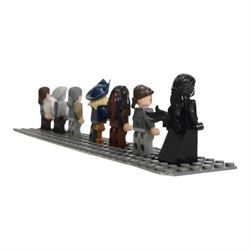 Lego Pirates of the Caribbean Black Pearl minifigure set no. 4184, comprising Black Pearl figurehead, Bootstrap Bill, Captain Jack Sparrow, Davy Jones, Joshamee Gibbs, Maccus and Will Turner