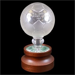 Royal Doulton crystal football trophy, modelled as a football with frosted panels, present...