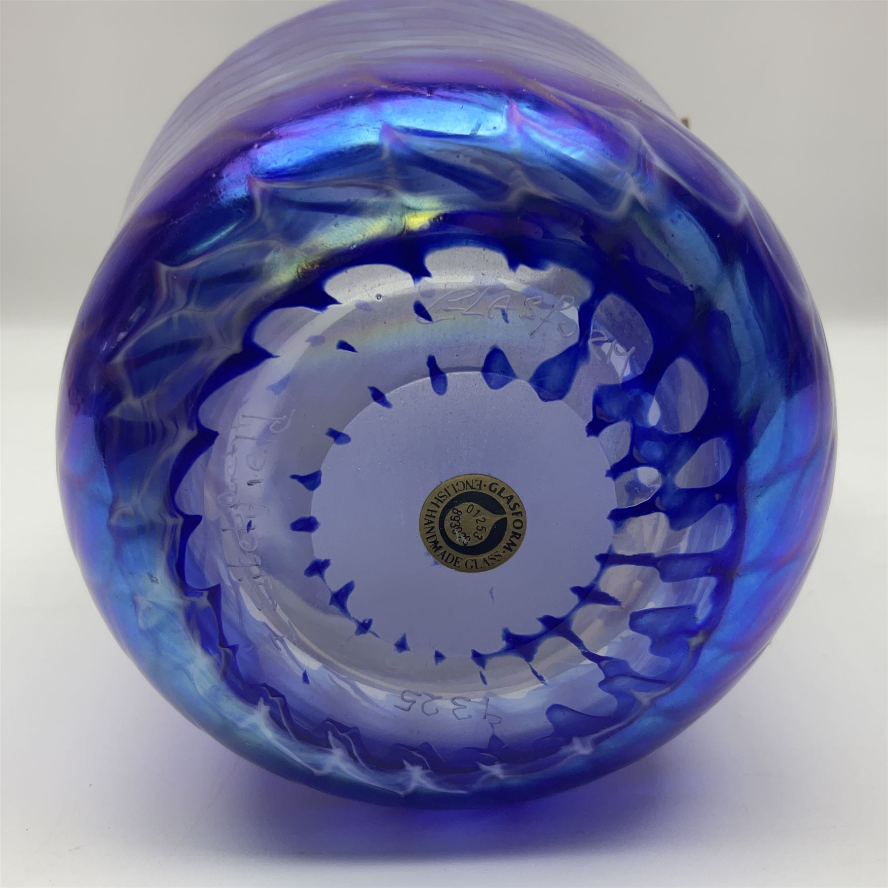 John Ditchfield for Glasform studio glass vase, with mottled wave design upon an iridescent purple ground, signed and numbered beneath, with certificate of authenticity tag, H26.5cm