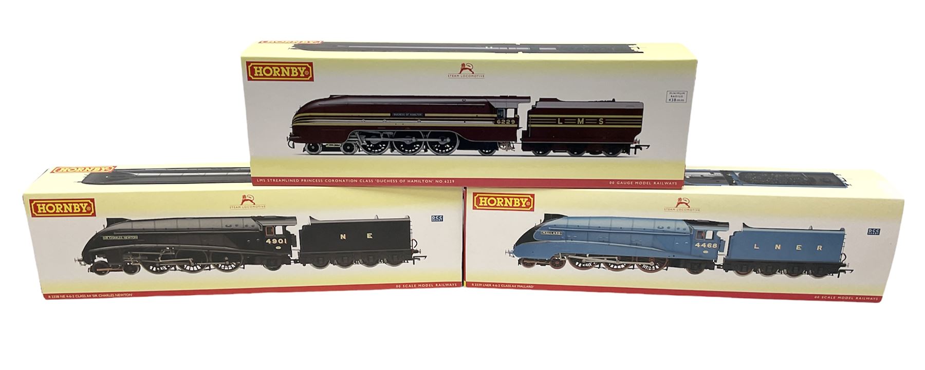 Hornby '00' gauge - LMS Streamlined Princess Coronation Class 4-6-2 locomotive 'Duchess of Hamilton' no. 6229, Class A4 4-6-2 locomotive 'Sir Charles Newton' no. 4901 and Class A4 4-6-2 locomotive 'Mallard' no. 4468, all DCC ready (3)