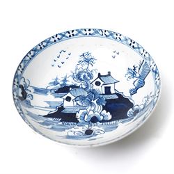 18th century Lowestoft porcelain coffee cup and saucer painted in the 'Two Pagoda Island' pattern, c1765-75, coffee cup H5.5cm