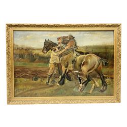 T F Garnett (British 19th/20th century): Horse Breaking Free from Plough, oil on canvas signed and dated 1902, 50cm x 65cm