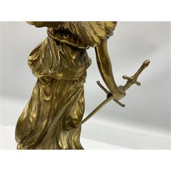 After Oswald Schimmelpfennig (German, 1872-1939): Pair of gilt bronze winged Allegorical female figures, the first example with arm outstretched holding a branch, signed 'Schimmelpfennig 1900', the second with arm raised above her head holding a book and sword in the other, both raised upon marble plinths, H45cm