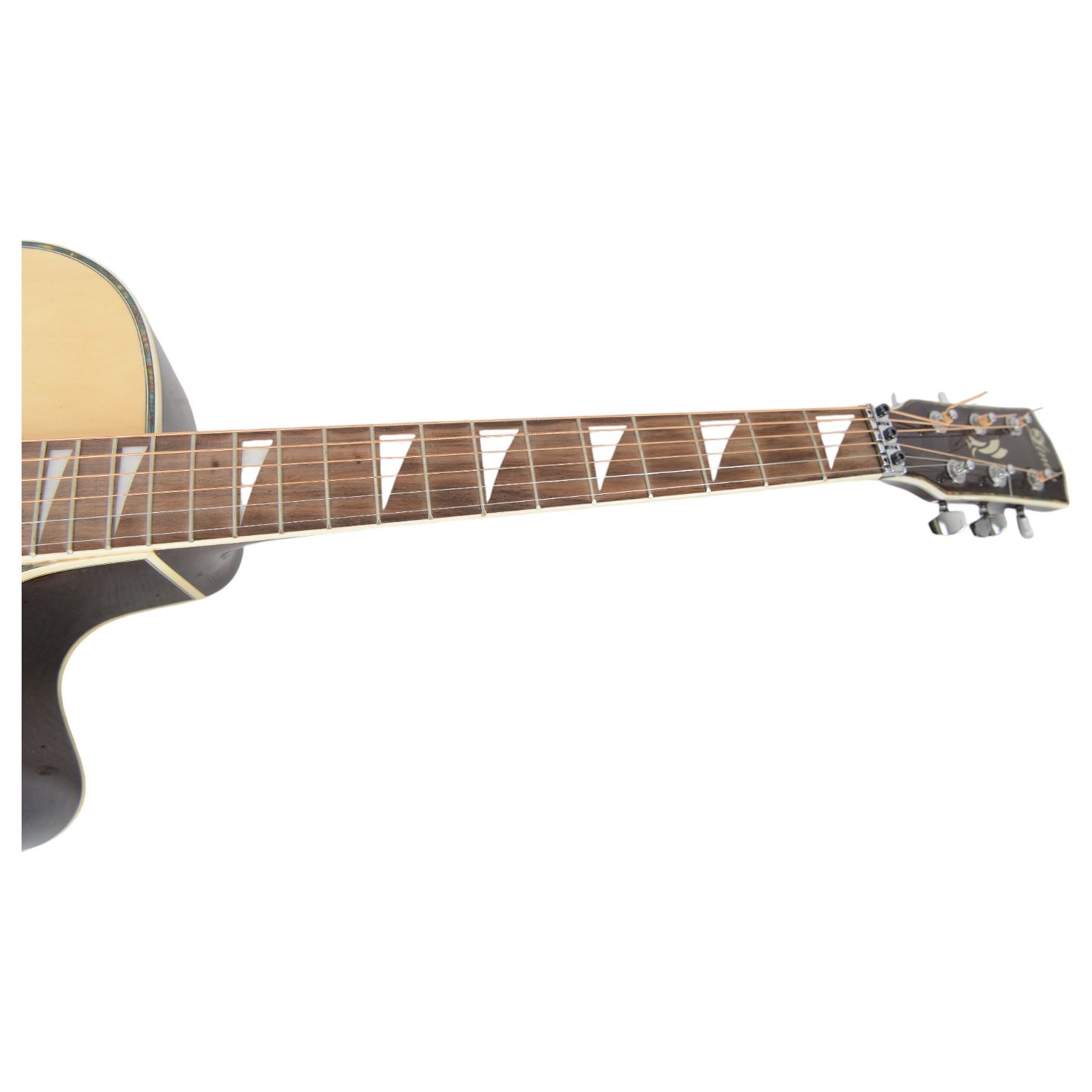 Lindo electro-acoustic guitar, model no. BC-NA-338, with built in EQ-7545R, with eagle design to body, L102cm