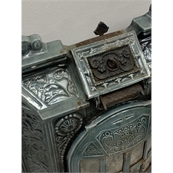 Deville & Co - French Art Nouveau period blue enamel stove, decorated with floral scrolls and flower heads, shell heath, W69cm, H78cm