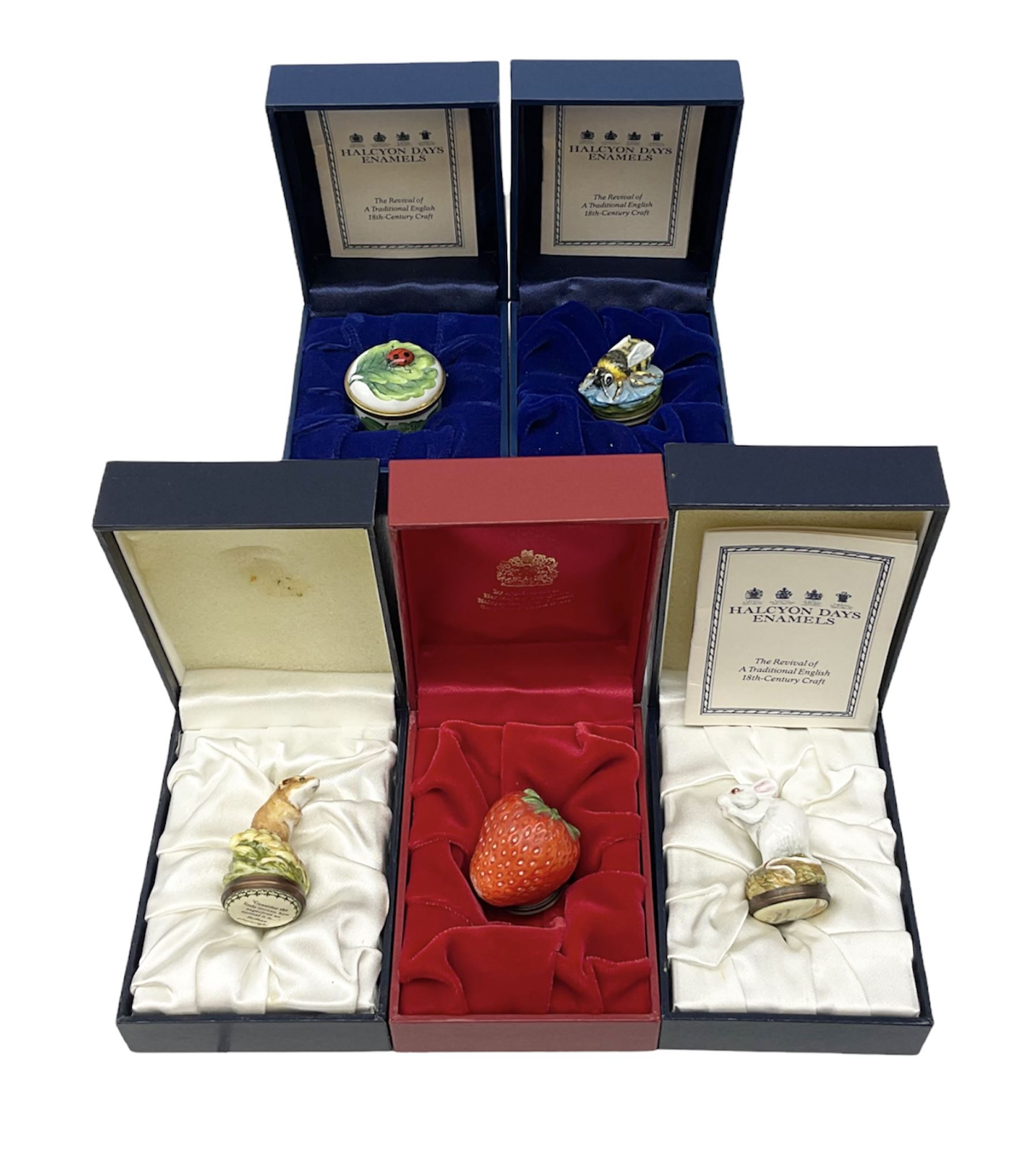 Two Halcyon Days enamel bonbonnieres modelled as mice, I am a magical mouse, and ''Consider the little mouse, how sagacious an animal it is...' Roman Playwright', together with three Halcyon Days enamel boxes, modelled as a bee upon a flower, a ladybird upon a leaf, and a strawberry, each in fitted box, (5)