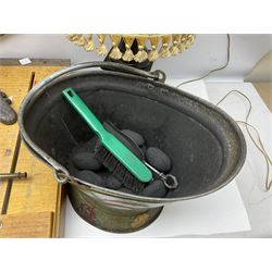 Coal bucket painted with flowers together with pair of bellows, boot scraper in the form of a beetle, wooden guillotine, composite table lamp with tassel lampshade and one other