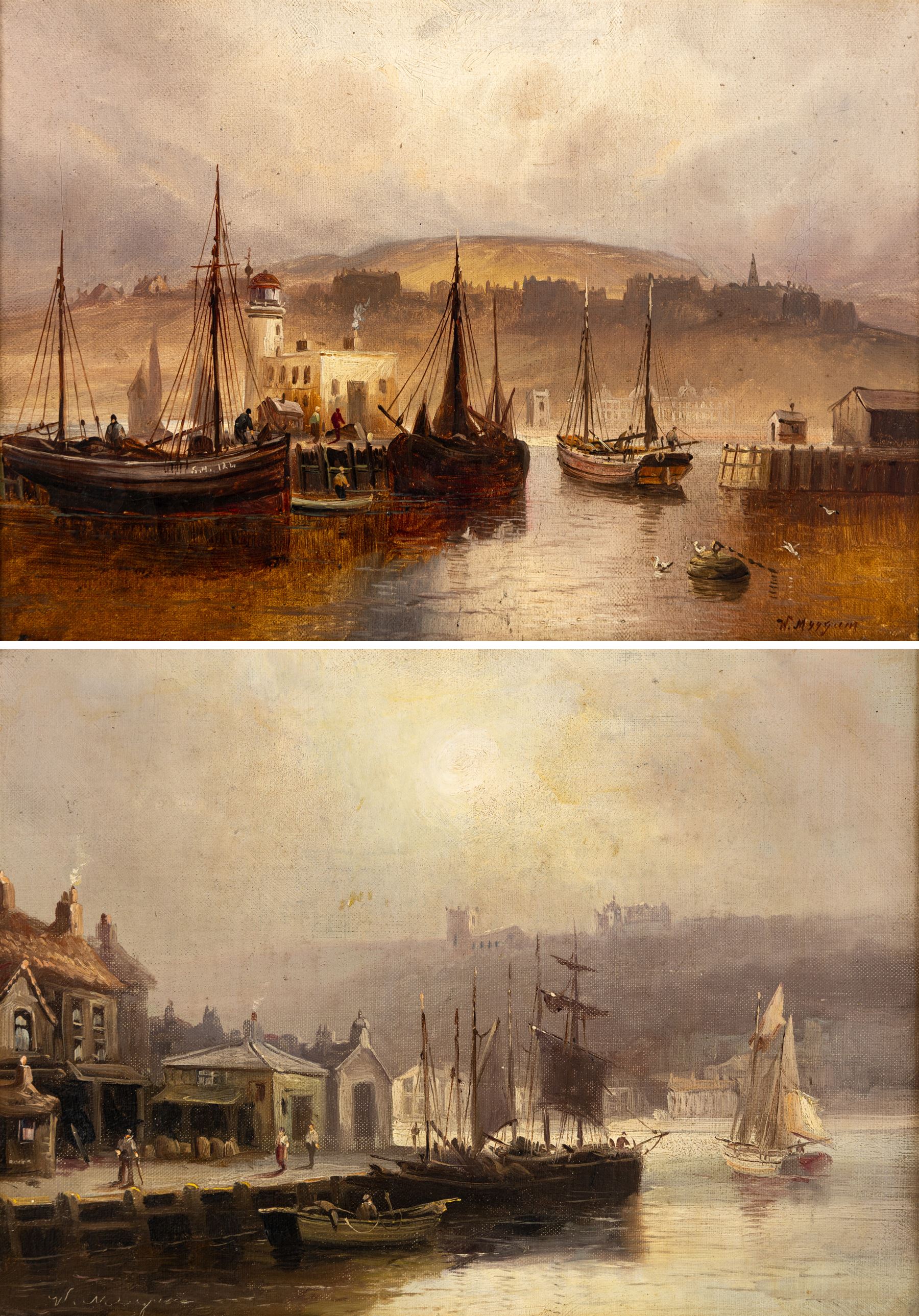 Walter Linsley Meegan (British c1860-1944): Scarborough and Whitby Harbours, pair oils on canvas signed 24cm x 34cm (2)