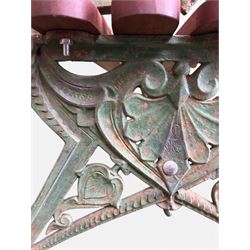 Coalbrookdale - Lily Pad design cast iron an wood slatted garden bench, late 19th century Aesthetic Movement, no. 217569, distressed green paint, iron centre support and seat stretcher, hardwood slatted