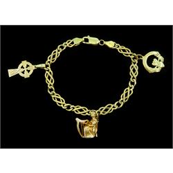  Gold infinity link chain bracelet, with three gold charms including harp player, cross and Claddagh, all 9ct