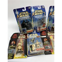 Star Wars - Episode 1 eleven Hasbro action figures, ten with CommTech chip, including two x Obi-Wan Kenobi, Battle Droid, Anakin Skywalker, four x Darth Maul (one Deluxe), Jar Jar Binks and two x Qui-Gon Jinn; together with five Attack of the Clones figures including Obi-Wan Kenobi, Count Dooku, Kit Fisto, Jango Fett and Mace Windu; and an Empire Strikes Back figure of Darth Vader; all in unopened blister packs (17)