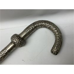 Reproduction non-firing flintlock pistol with brass skull crusher butt, the lock-plate inscribed 'Tower' and 'GR' L40cm; Sabre Japan Original Bowie Knife in sheath; and Indian embossed nickel two-piece walking cane (3)