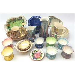  Maling lustre ceramics including a set of six sundae dishes, plain ground bowl, jug and dishes, two Royal Art Pottery matched jugs and other ceramics   