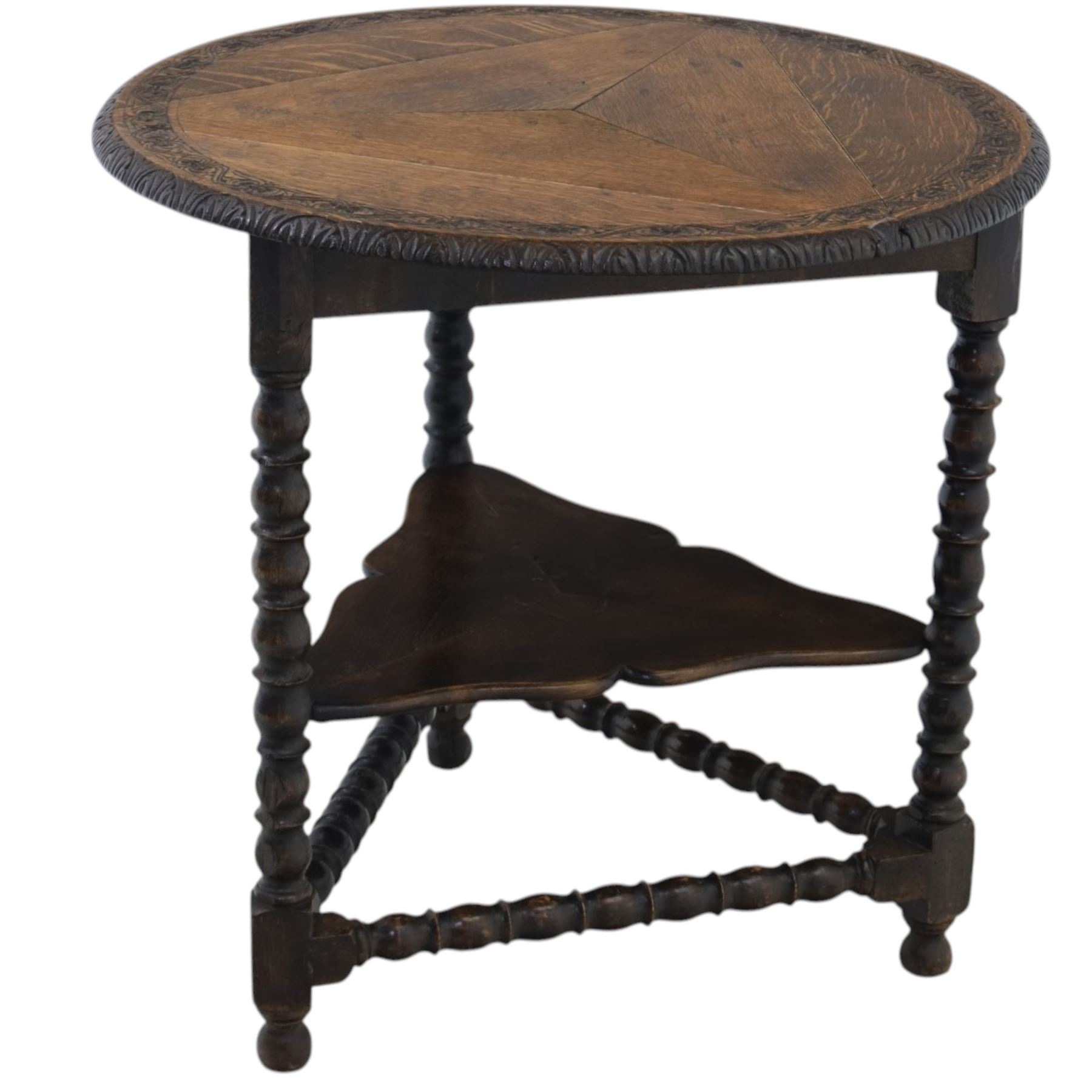 19th century country oak circular occasional table, featuring three triangular drop leaves, above shaped middle tier shelf, raised on bobbin turned legs and joining stretchers
