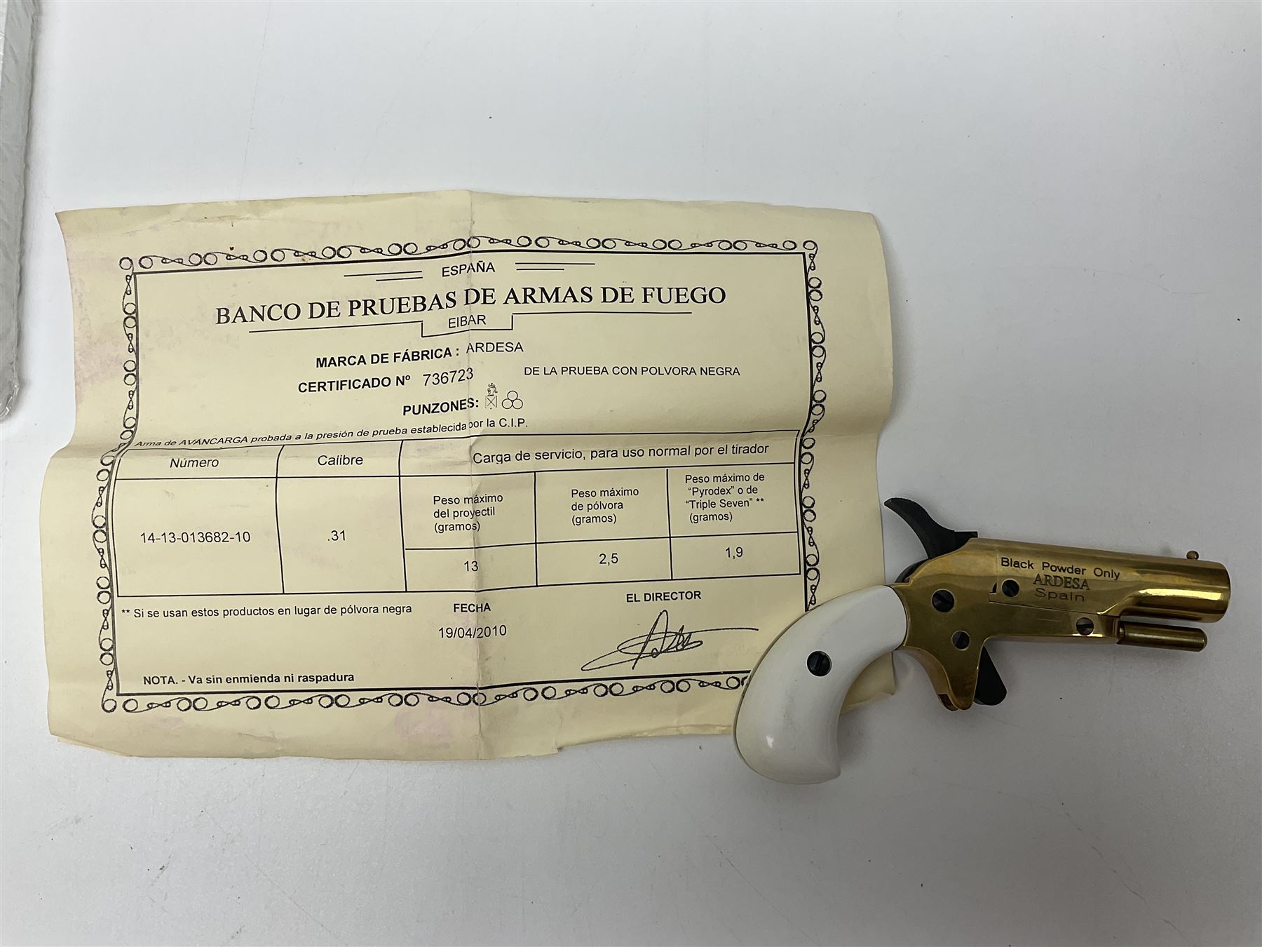 SECTION 1 FIRE-ARMS CERTIFICATE REQUIRED - Spanish Ardesa percussion vest pocket Derringer pistol, .31 cal. black powder; single shot; 6cm barrel; all brass body with white grips; no.14-13-013682-10 with Spanish certificate dated 2010 and box of one hundred balls