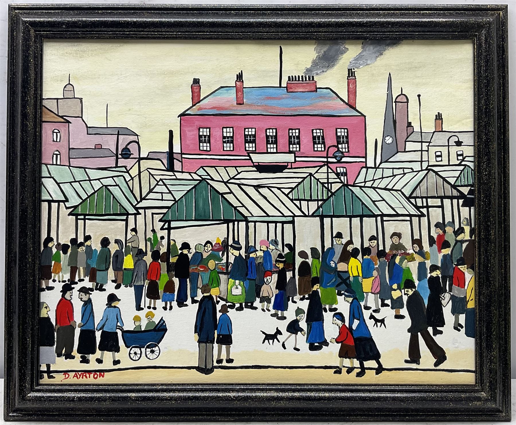 Follower of L S Lowry (Northern British 1887-1976): Busy Street Scenes, pair oil on canvas signed 'D Ayrton' max 40cm x 51cm (2)