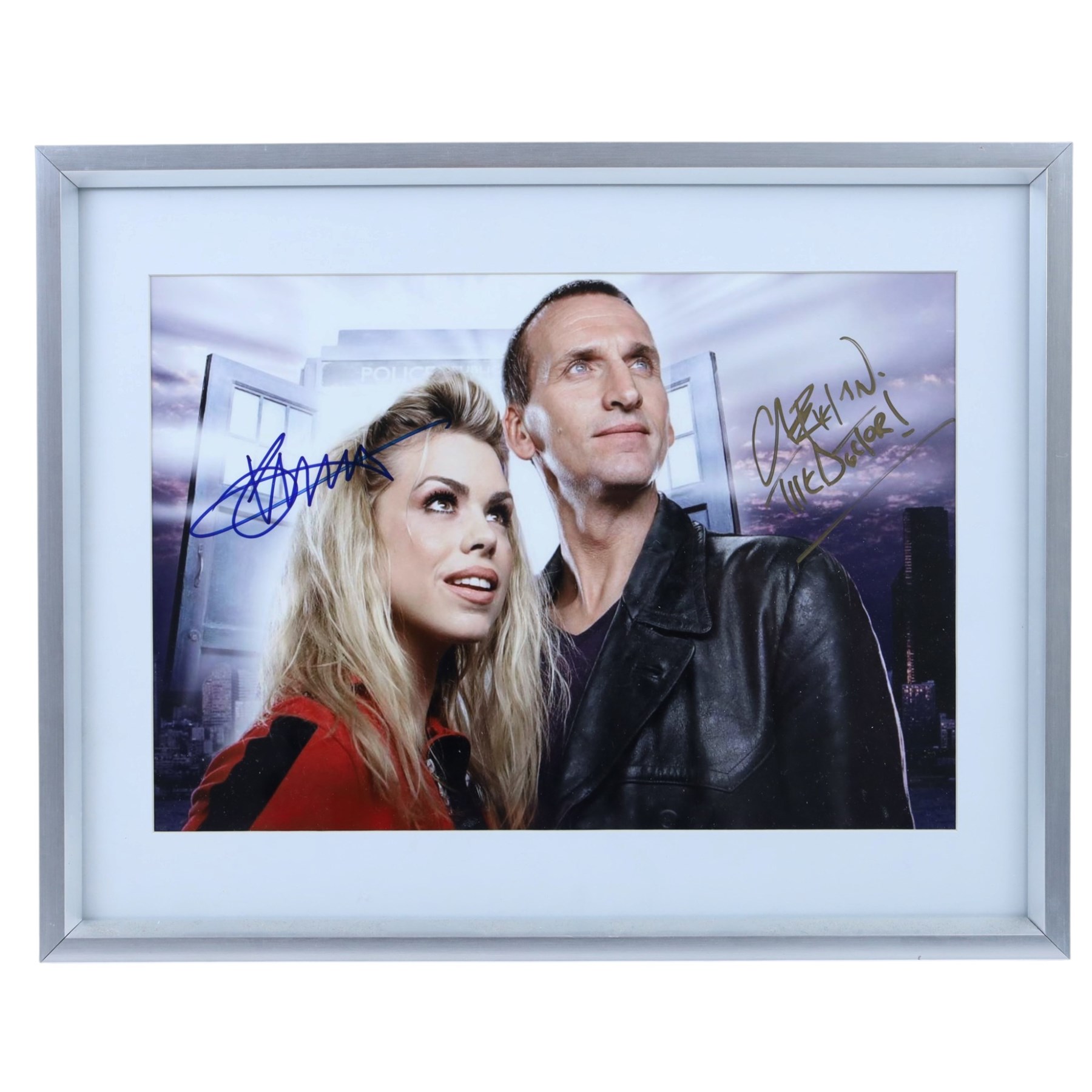 Doctor Who prints and signed memorabilia, including first day cover with signatures of Tom Baker, Peter Davidson, Colin Baker and Sylvester McCoy, signed print of Katy Manning, print of Billy Piper and Christopher Ecclestone with spurious signatures, Tardis print, etc
