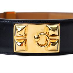Hermès - ‘Collier de Chien 50’ black leather belt, with yellow gold-tone pyramid stud and hardware, size 80, with original box