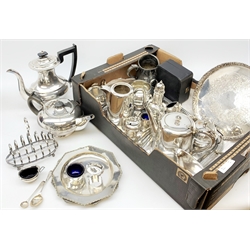 Silver two piece Christening Set, by Adie Brothers Ltd 1957, Edwardian silver mustard pot, Victorian silver teaspoon by William Theobalds & Robert Metcalfe Atkinson 1838 and other silver together with various pieces of silver-plated wares