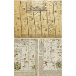 John Ogilby (British 1600-1676): 'The Road from Welshpool Com Montgomery to Carnarvan in North Wales', late 17th century engraved strip map with hand-colouring pub. c.1675, 35cm x 45cm; Emanuel Bowen (British 1694-1767) and John Owen (British 18th century): Lincoln to Kingston-Upon-Hull and Royston to Huntingdon, pair early 18th century engraved road strip maps with hand-colouring including the Arms of Kingston-Upon-Hull and Huntingdon, pub. Britannia Depicta; or, Ogilby Improv’d c.1720, 18cm x 12cm (3)