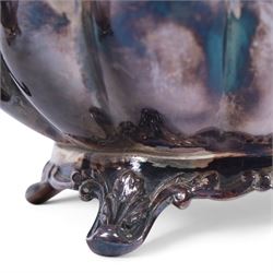 Early 20th century silver plated four piece melon-shaped tea service by James Dixon & Son Sheffield, comprising teapot, hot water jug, milk jug and open sucrier, together with a silver plated twin handled tray with engraved floral decoration